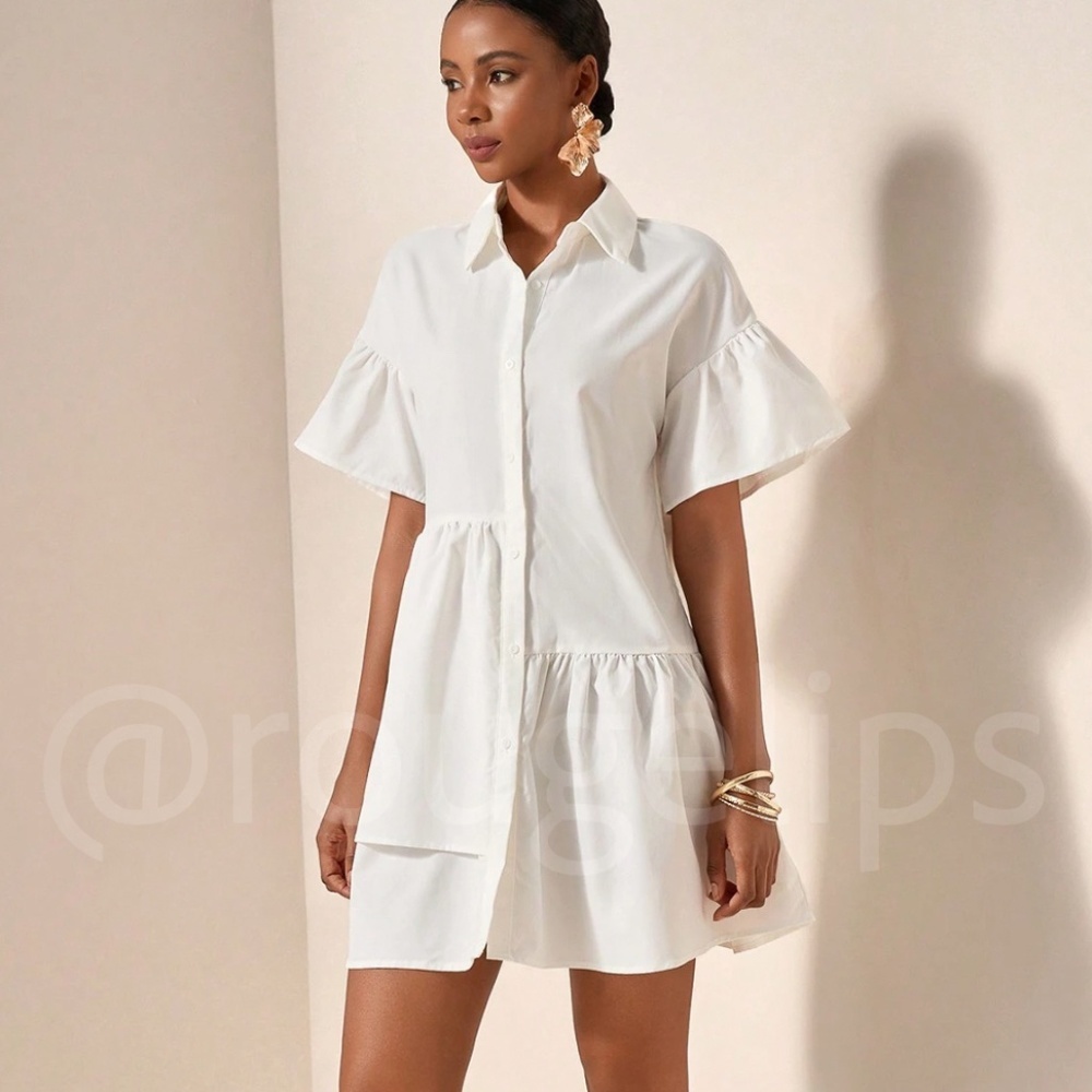 White Ruffle Asymmetrical Dress Short Sleeve Button Down